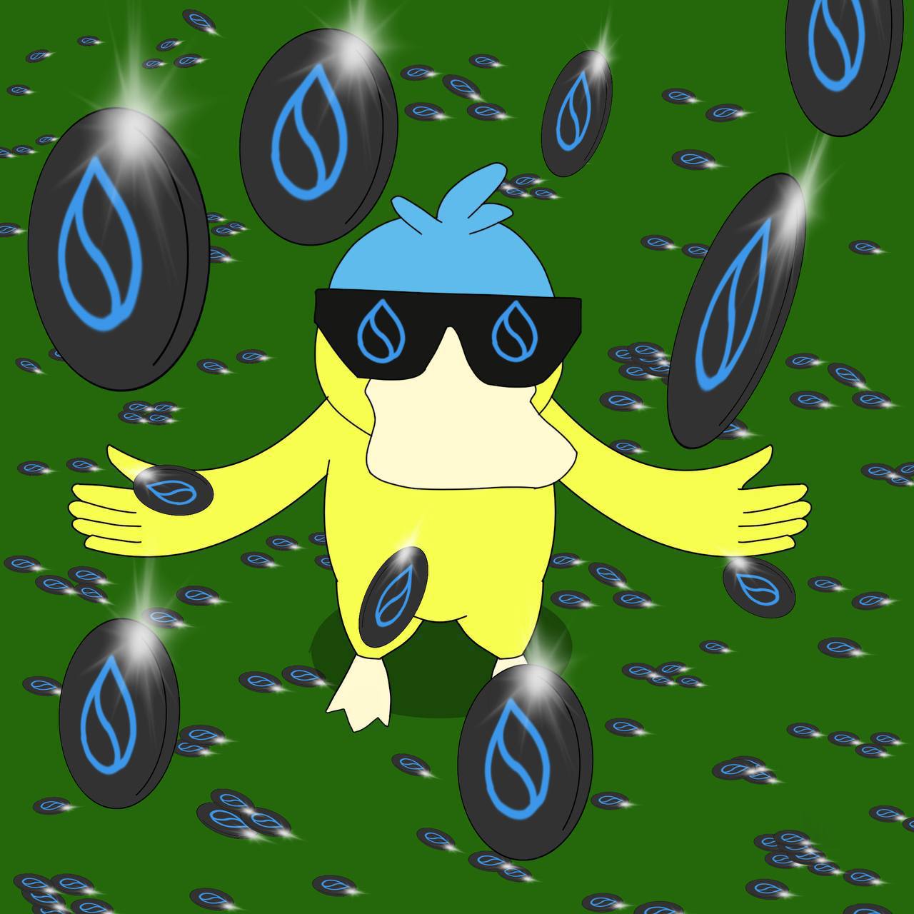 Psyduck in a futuristic blockchain city